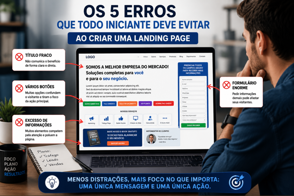 Ilustração mostrando os principais erros cometidos por iniciantes ao criar uma landing page.