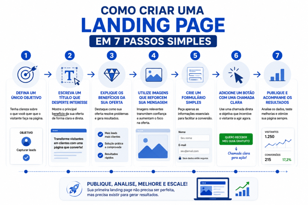 Fluxograma ilustrando os sete passos para criar uma landing page de forma simples.