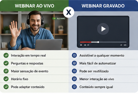 Comparação entre webinar ao vivo e webinar gravado