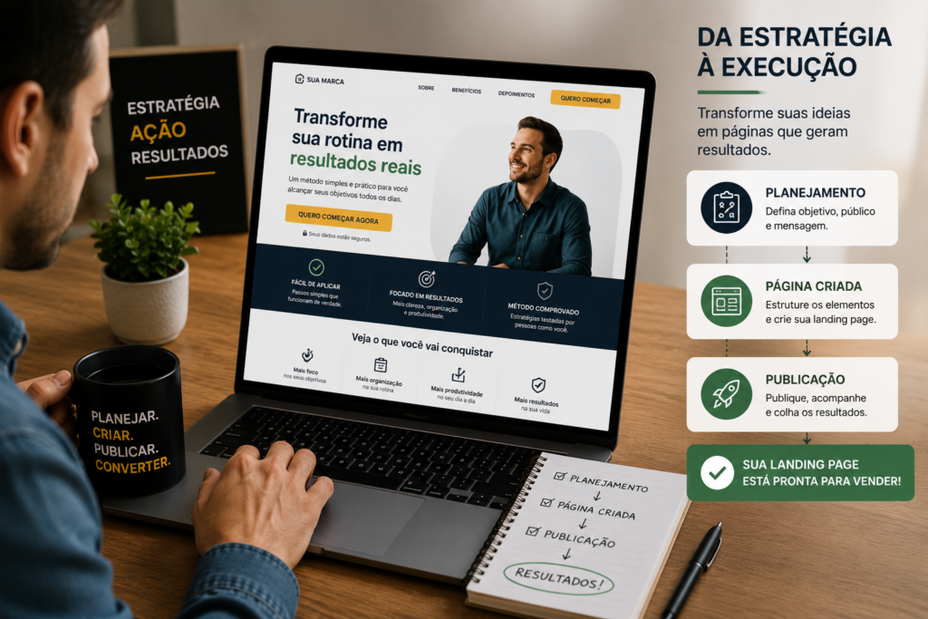 Empreendedor colocando em prática sua estratégia e criando uma landing page para divulgar sua oferta online