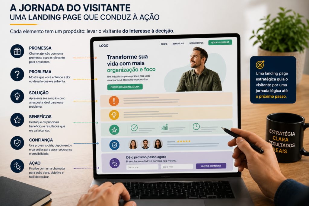 Estrutura estratégica de uma landing page com promessa, solução, benefícios, confiança e chamada para ação
